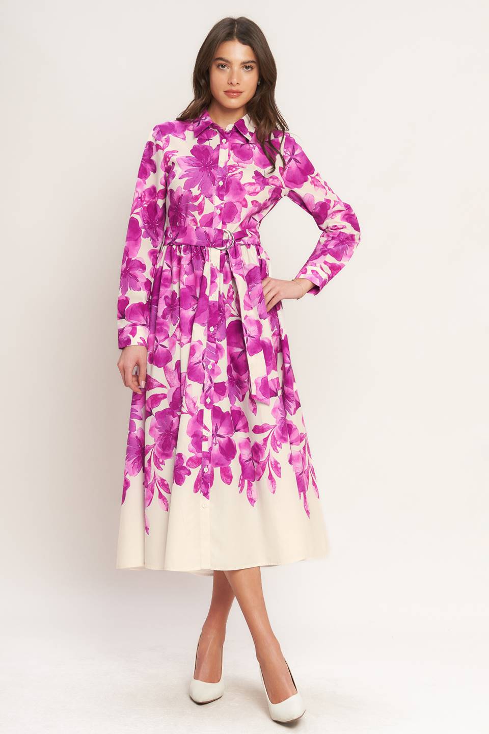 Flying Tomato Evergreen Camellia Dream Woven Midi Shirt Dress in GREEN view 2