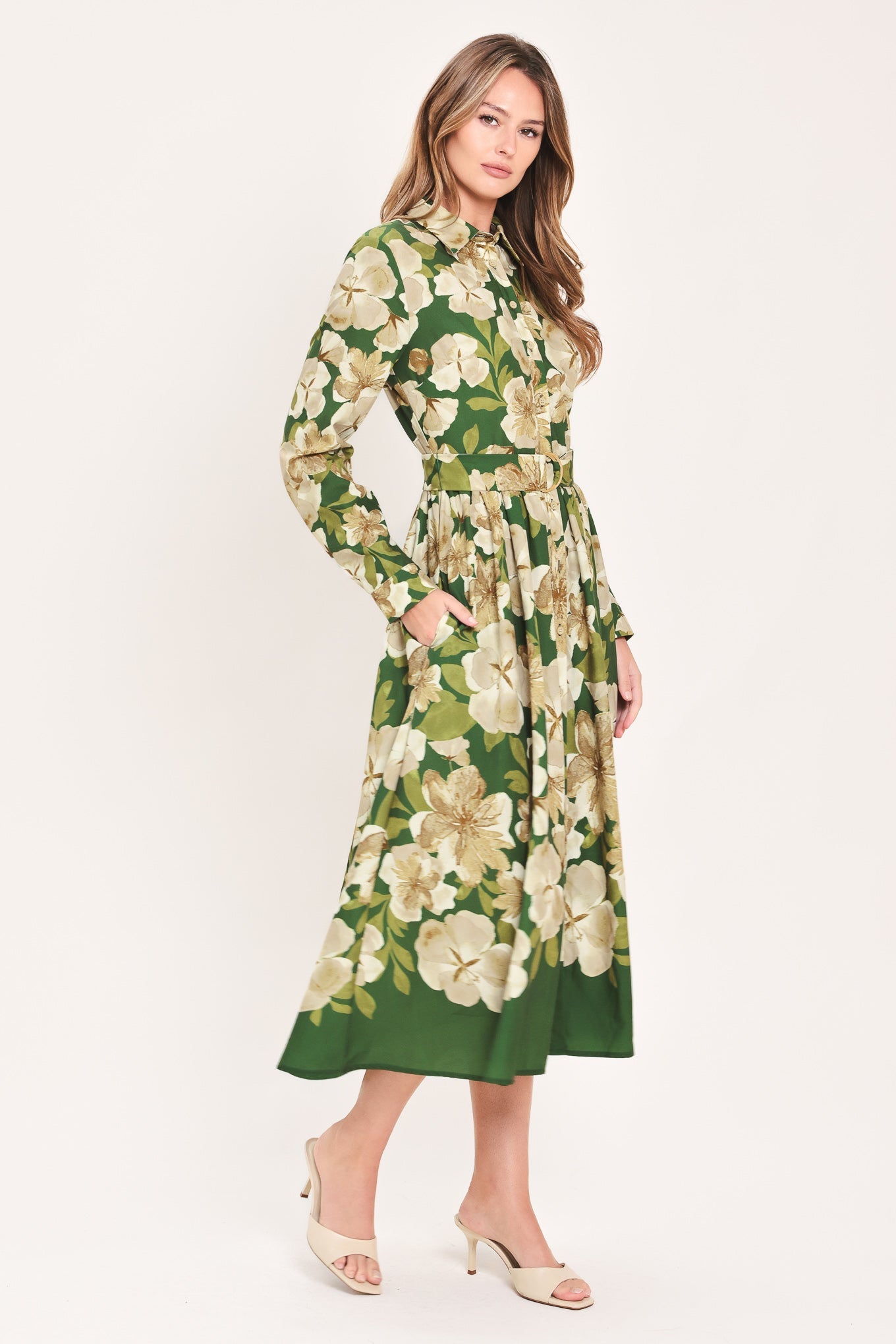 Flying Tomato Evergreen Camellia Dream Woven Midi Shirt Dress in GREEN view 4