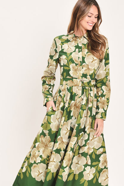Flying Tomato Evergreen Camellia Dream Woven Midi Shirt Dress in GREEN view 5