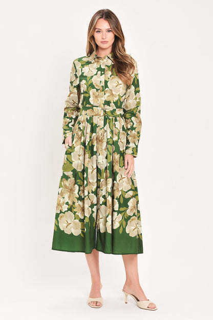 Flying Tomato Evergreen Camellia Dream Woven Midi Shirt Dress in GREEN view 6