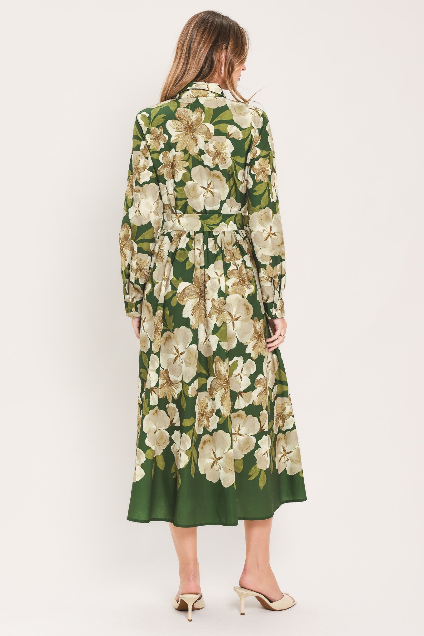 Flying Tomato Evergreen Camellia Dream Woven Midi Shirt Dress in IVORY FUCHSIA FLORAL view 7