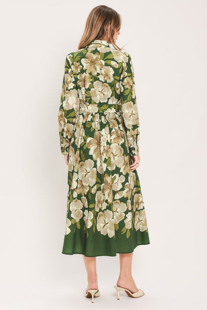 Flying Tomato Evergreen Camellia Dream Woven Midi Shirt Dress in IVORY FUCHSIA FLORAL view 7