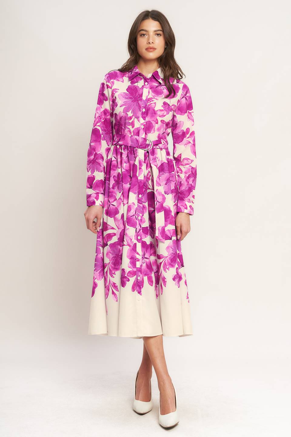 Flying Tomato Evergreen Camellia Dream Woven Midi Shirt Dress in IVORY FUCHSIA FLORAL view 8