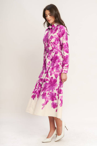 Flying Tomato Evergreen Camellia Dream Woven Midi Shirt Dress in IVORY FUCHSIA FLORAL view 9