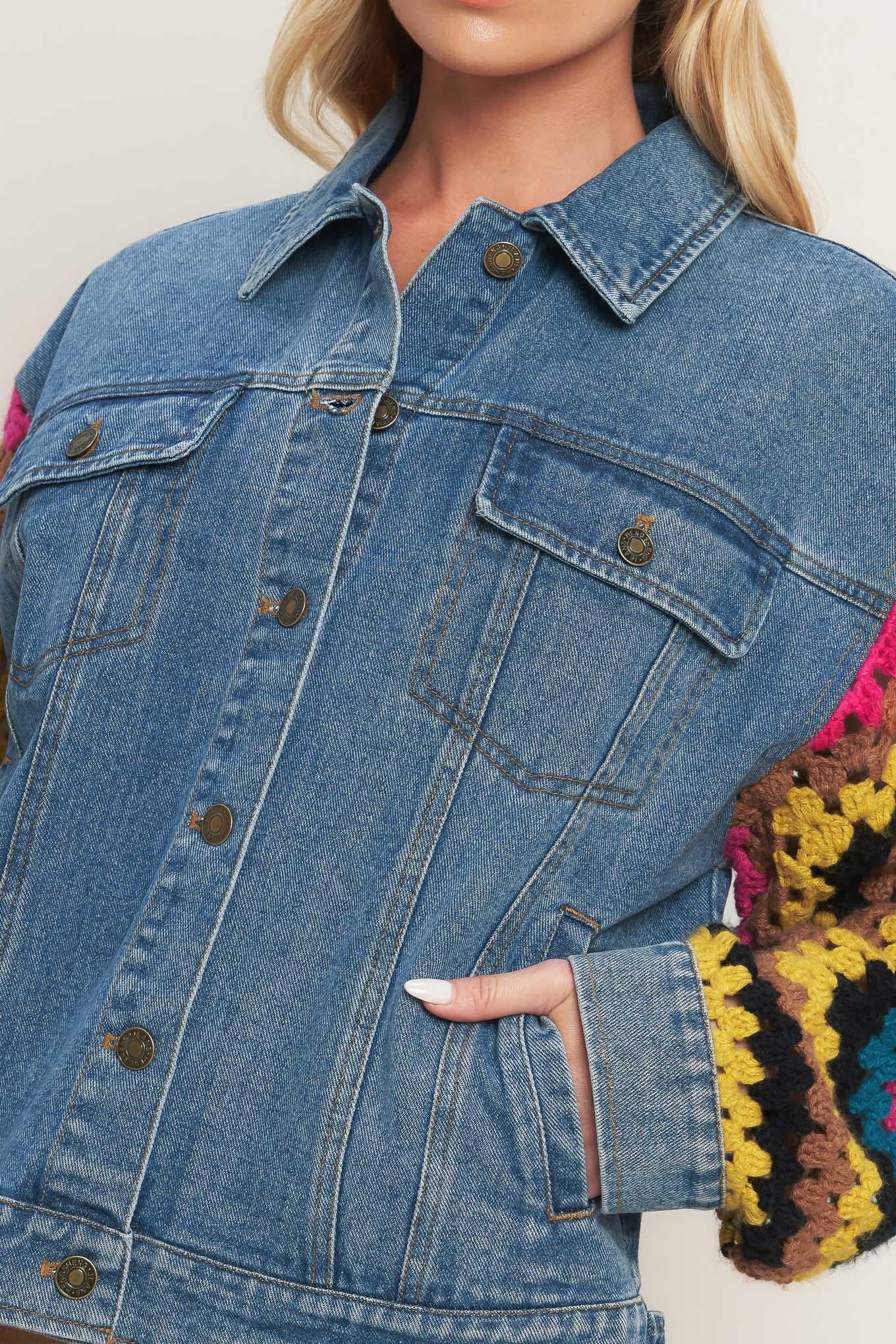 Flying Tomato Festival Weave Washed Denim Jacket Top in MEDIUM INDIGO view 3 - Festival Denim Jacket