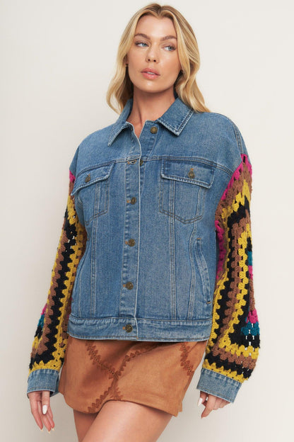 Flying Tomato Festival Weave Washed Denim Jacket Top in MEDIUM INDIGO view 6 - Festival Denim Jacket