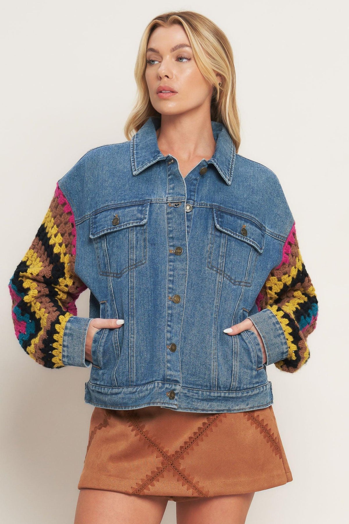 Flying Tomato Festival Weave Washed Denim Jacket Top - MeeeShop Women's Fashion