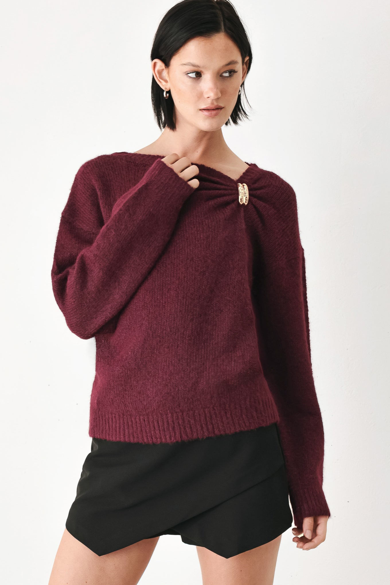 Flying Tomato Fireside Charm Cinched Neck Sweater in BURGUNDY - Cinched Sweater (top)