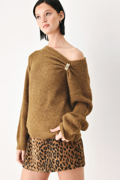 Flying Tomato Fireside Charm Cinched Neck Sweater in BURGUNDY view 2 - Cinched Sweater (top)
