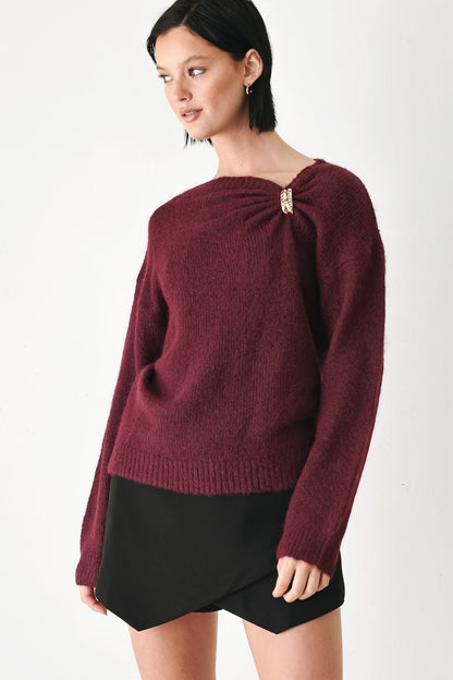 Flying Tomato Fireside Charm Cinched Neck Sweater in CAMEL view 5 - Cinched Sweater (top)