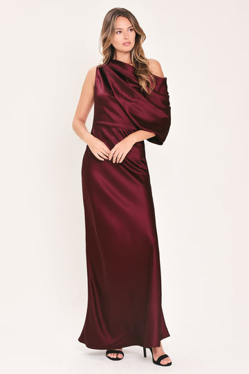 Flying Tomato Gilded Drape Satin One-shoulder Maxi Dress in CHAMPAGNE - Golden Drape Dress
