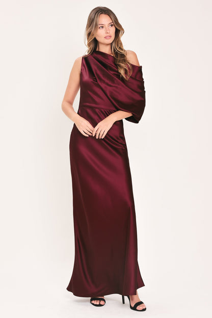 Flying Tomato Gilded Drape Satin One-shoulder Maxi Dress in CHAMPAGNE - Golden Drape Dress
