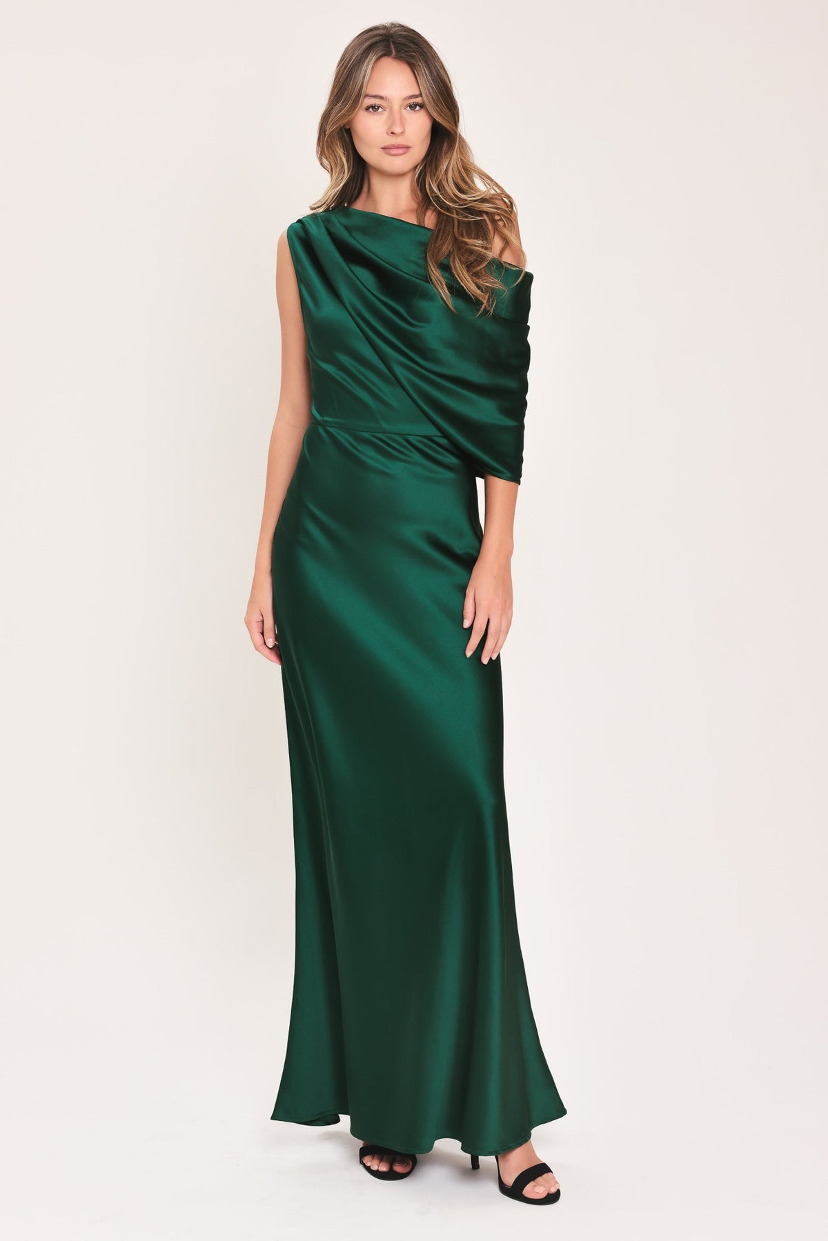 Flying Tomato Gilded Drape Satin One-shoulder Maxi Dress view 11 - Golden Drape Dress