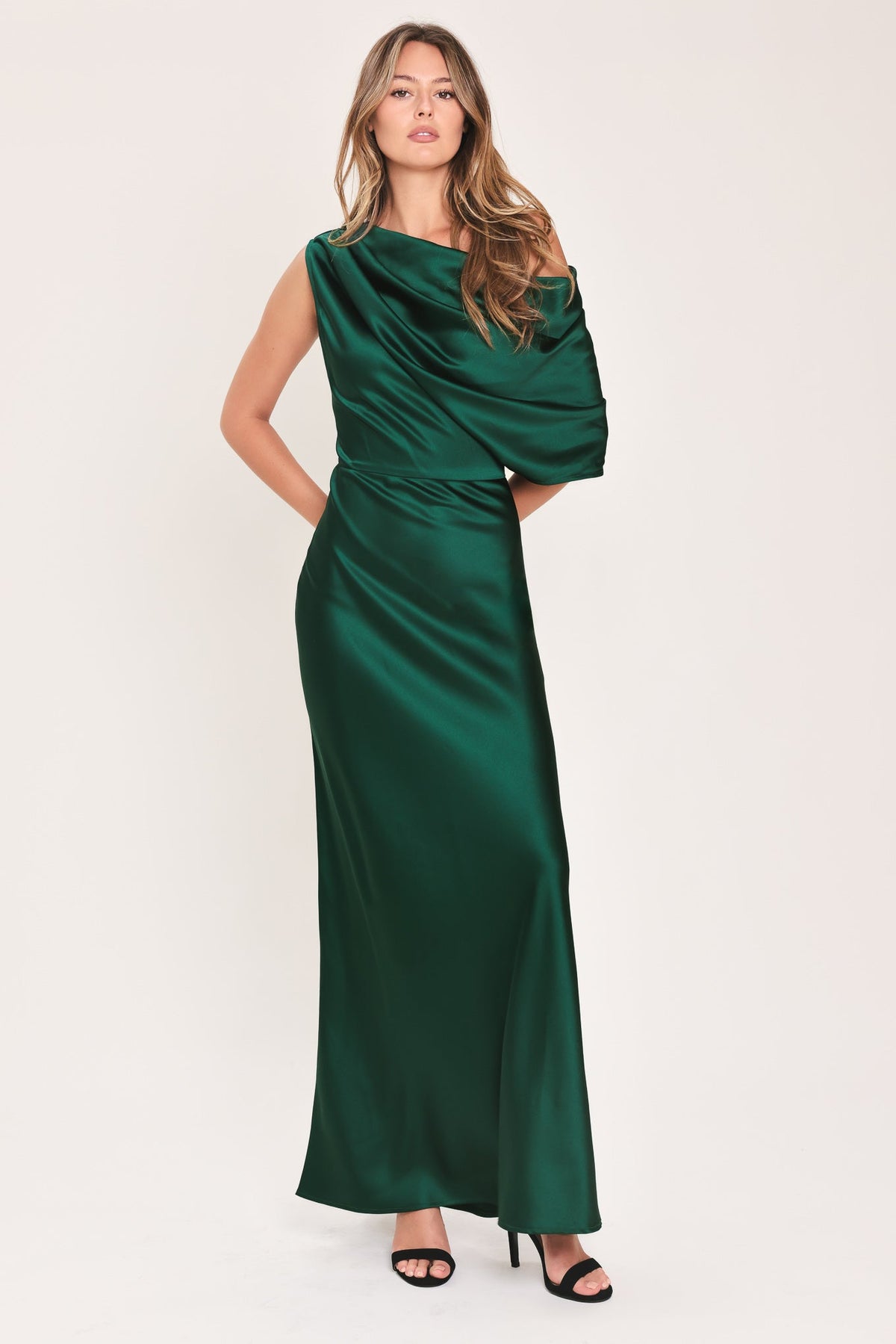 Flying Tomato Gilded Drape Satin One-shoulder Maxi Dress view 12 - Golden Drape Dress