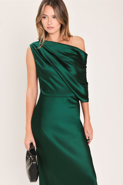 Flying Tomato Gilded Drape Satin One-shoulder Maxi Dress in CHAMPAGNE view 3 - Golden Drape Dress