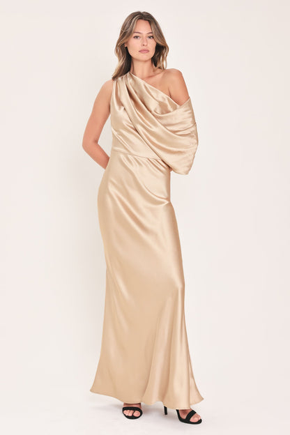 Flying Tomato Gilded Drape Satin One-shoulder Maxi Dress in EMERALD view 4 - Golden Drape Dress
