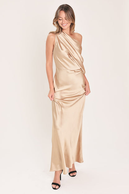 Flying Tomato Gilded Drape Satin One-shoulder Maxi Dress in WINE view 8 - Golden Drape Dress