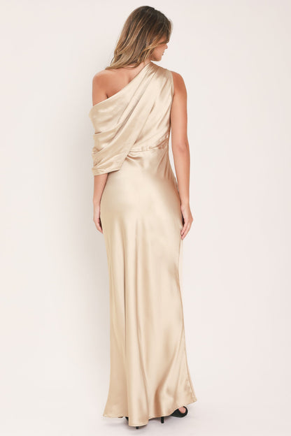 Flying Tomato Gilded Drape Satin One-shoulder Maxi Dress in WINE view 9 - Golden Drape Dress