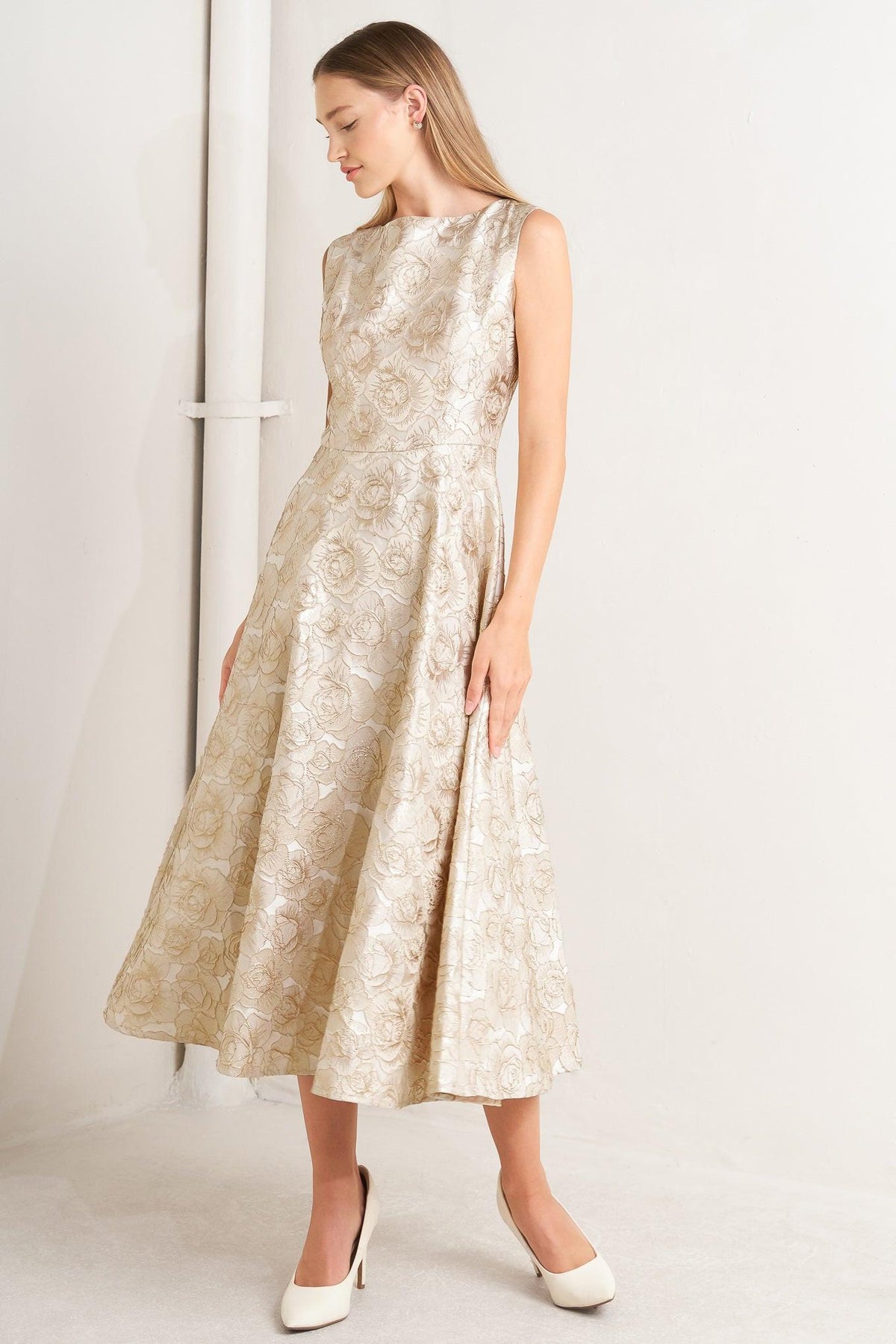 Flying Tomato Gilded Rose Woven Midi Dress in CHAMPAGNE view 3 - Gilded Rose Dress Stellar Blade
