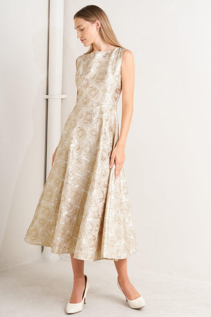 Flying Tomato Gilded Rose Woven Midi Dress in CHAMPAGNE view 3 - Gilded Rose Dress Stellar Blade