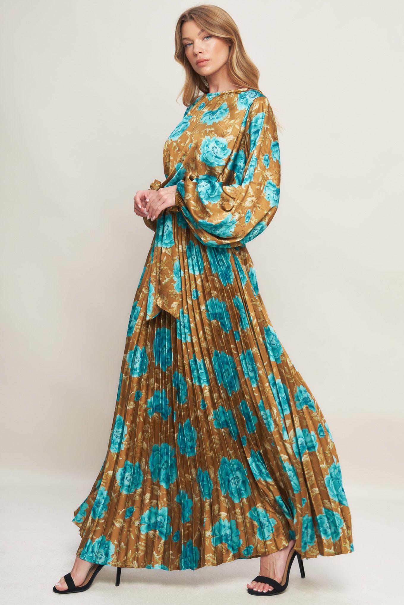 Flying Tomato Golden Bloom Luxe Woven Satin Maxi Dress in DIJON - Golden Blossom Dress