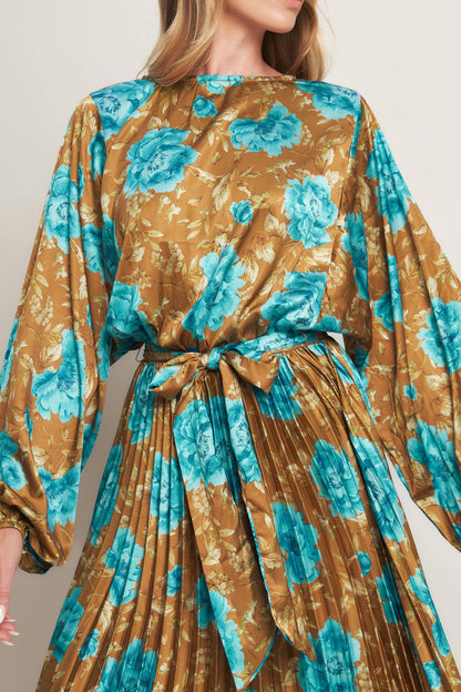 Flying Tomato Golden Bloom Luxe Woven Satin Maxi Dress in DIJON view 2 - Golden Blossom Dress