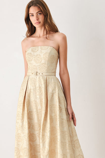 Flying Tomato Golden Heirloom Gold Textured Strapless Belted Midi Dress in GOLD