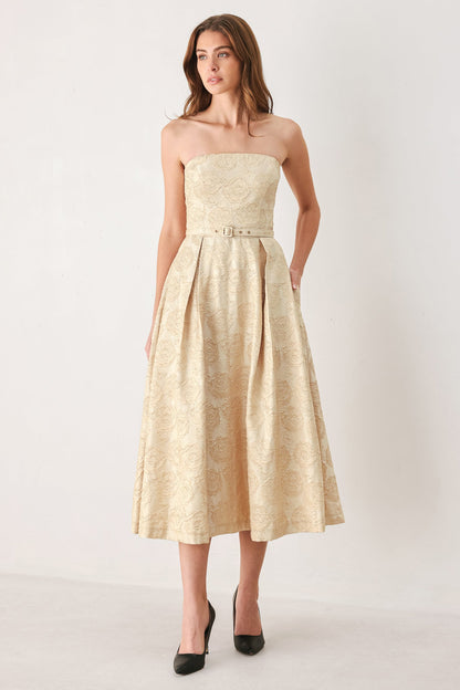 Flying Tomato Golden Heirloom Gold Textured Strapless Belted Midi Dress view 4