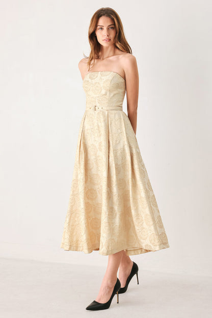 Flying Tomato Golden Heirloom Gold Textured Strapless Belted Midi Dress view 5