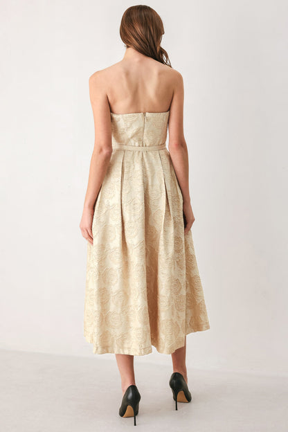 Flying Tomato Golden Heirloom Gold Textured Strapless Belted Midi Dress view 6