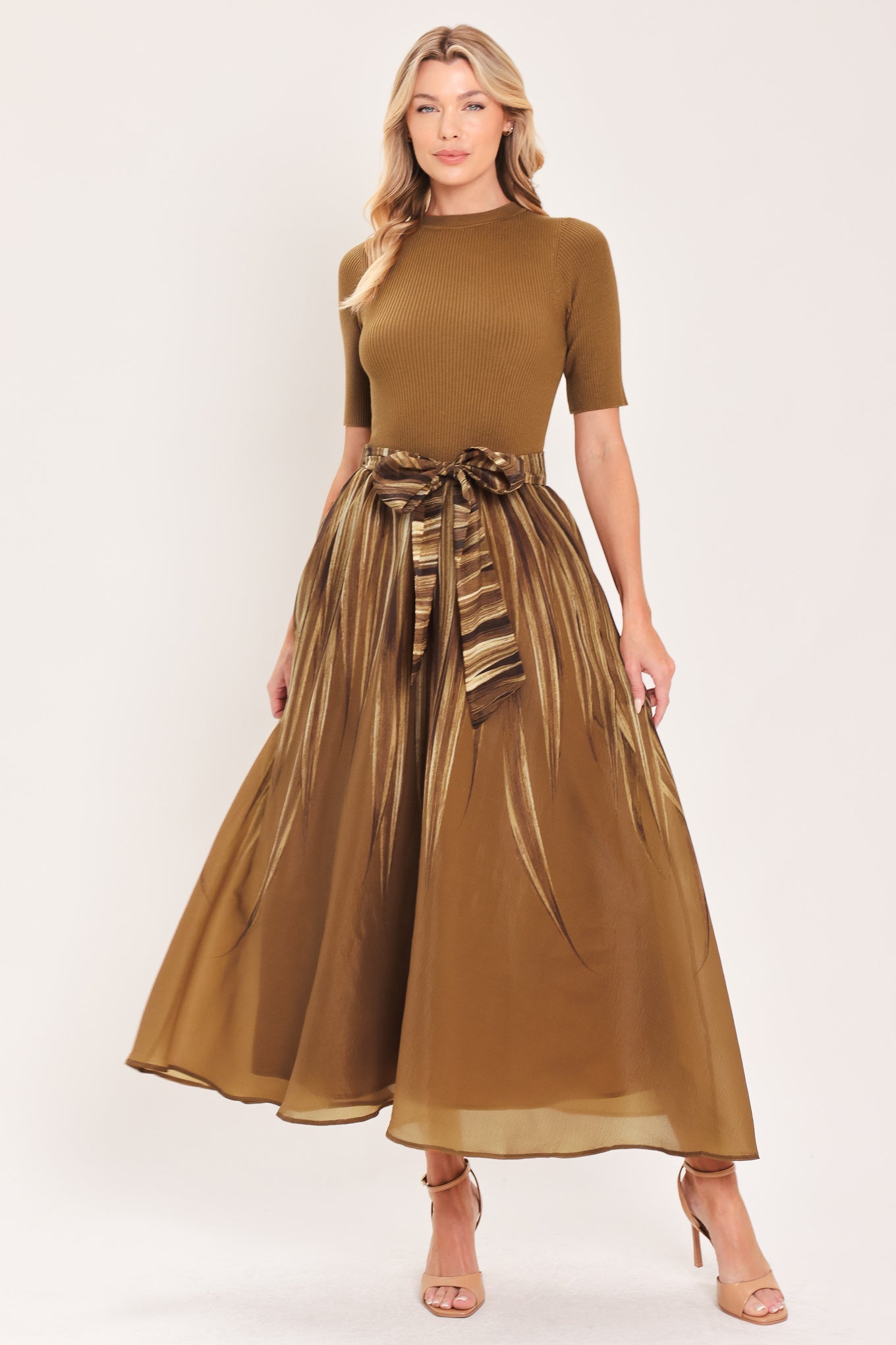 Flying Tomato Golden Quill Romance Midi Dress in BROWN - Golden Feather Dress
