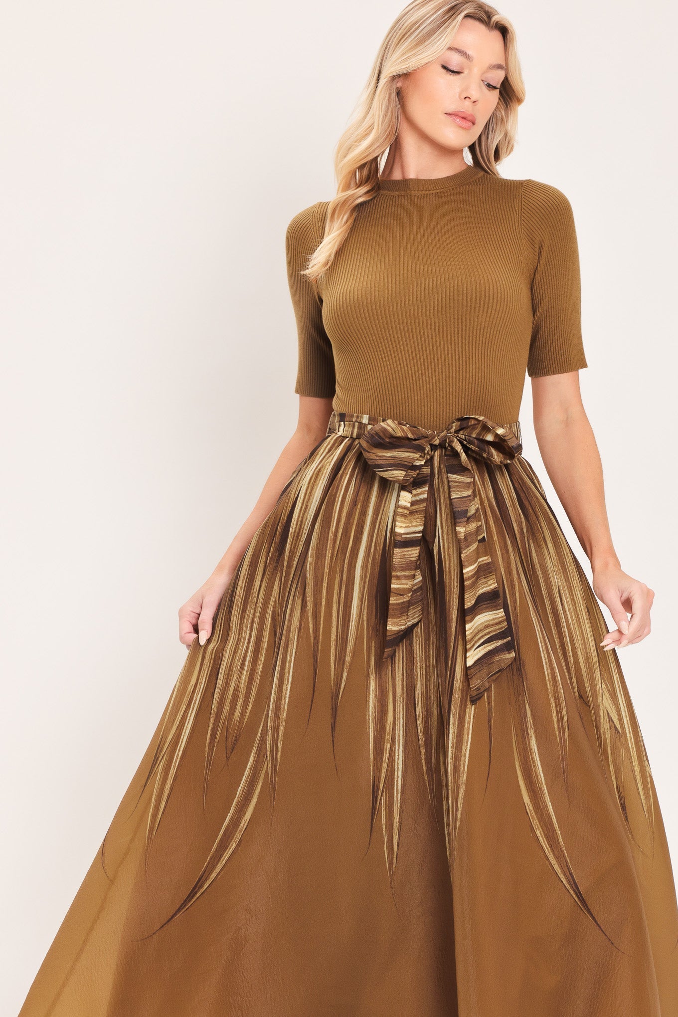 Flying Tomato Golden Quill Romance Midi Dress in BROWN view 2 - Golden Feather Dress