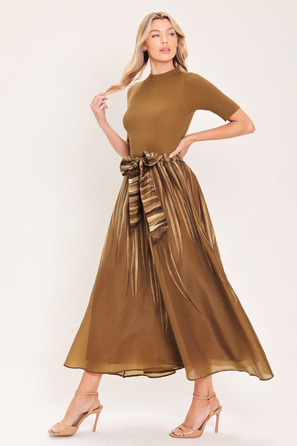 Flying Tomato Golden Quill Romance Midi Dress in BROWN view 3 - Golden Feather Dress