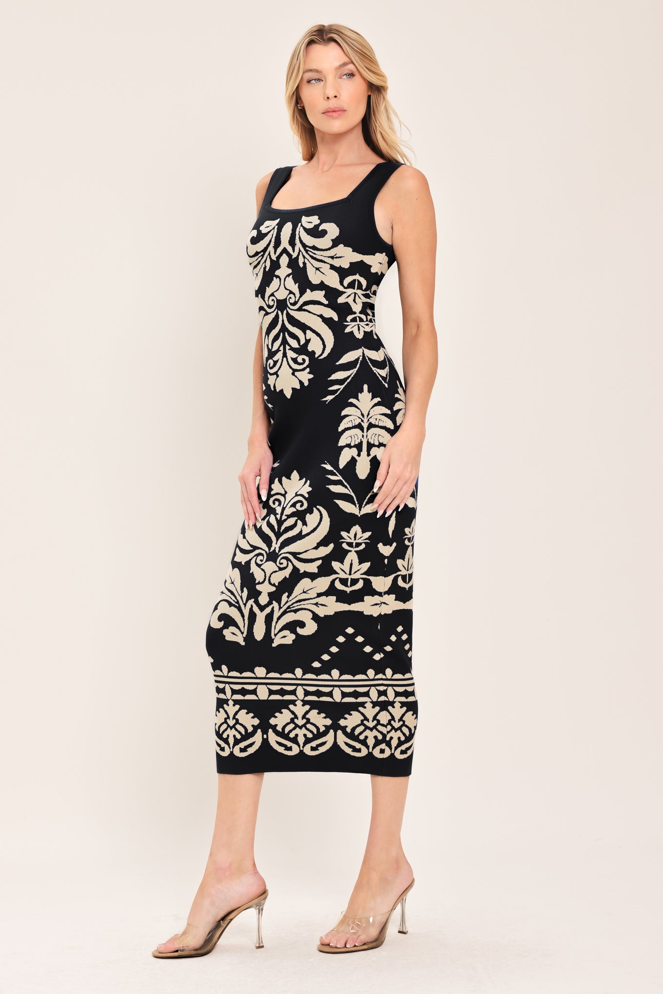 Flying Tomato Greek Isle Glam Jacquard Midi Dress in BLACK TAUPE view 6 - Greek Island Dress