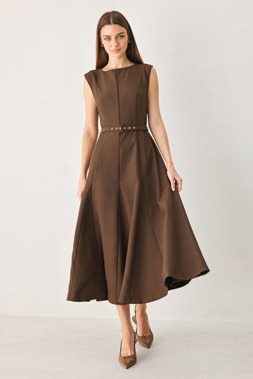 Flying Tomato Hazelnut Ballet Woven Midi Dress in BROWN