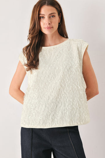 Flying Tomato Ivory Fringe Off White Sequin Sleeveless Top in OFF WHITE - Ivory Tassel Top