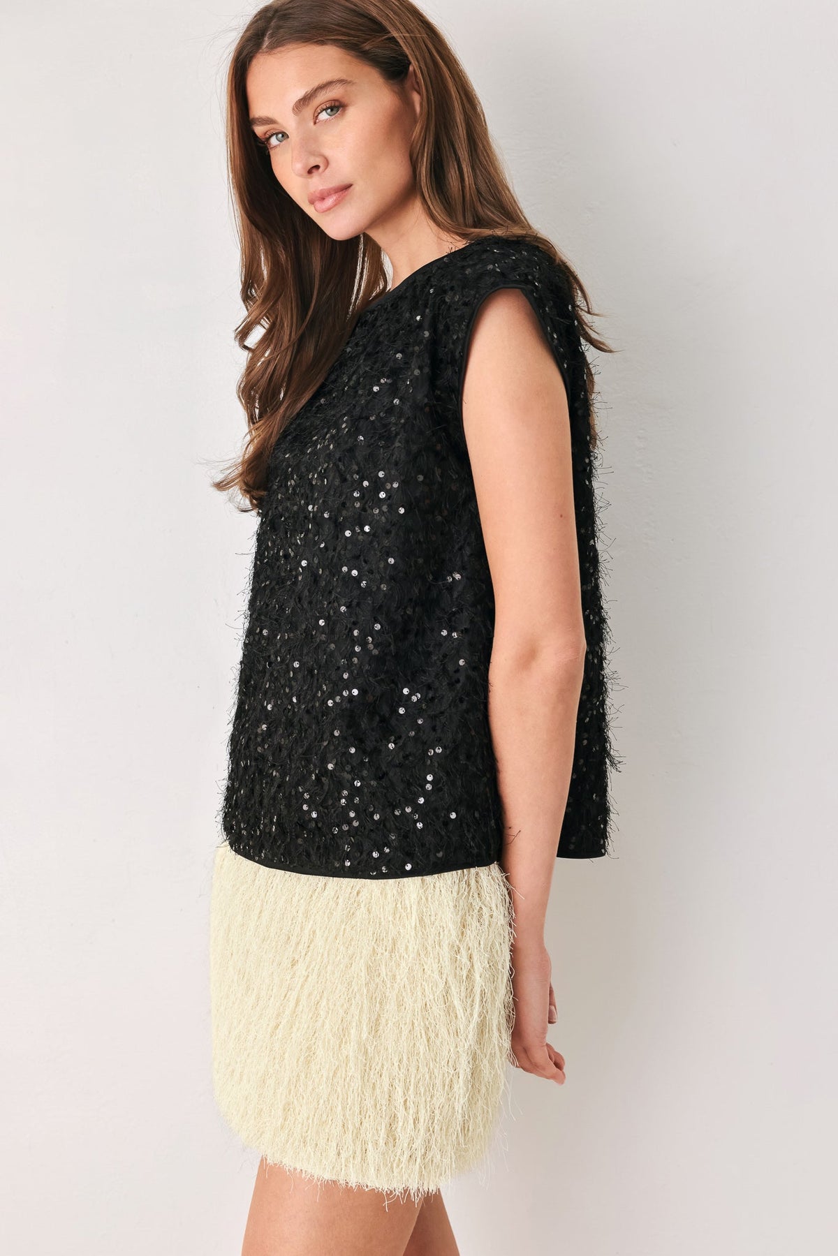 Flying Tomato Ivory Fringe Off White Sequin Sleeveless Top view 12 - Ivory Tassel Top