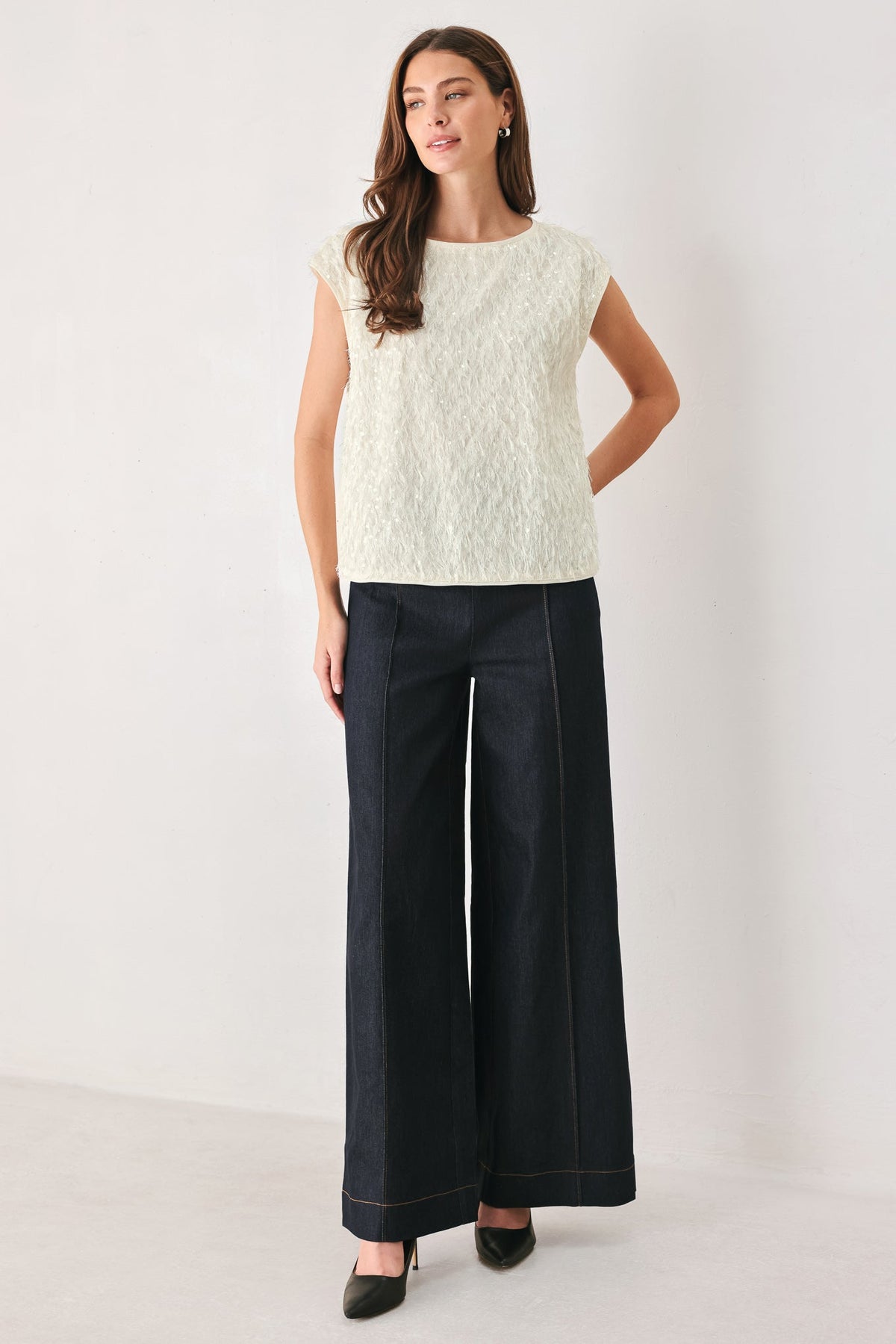 Flying Tomato Ivory Fringe Off White Sequin Sleeveless Top in OFF WHITE view 3 - Ivory Tassel Top