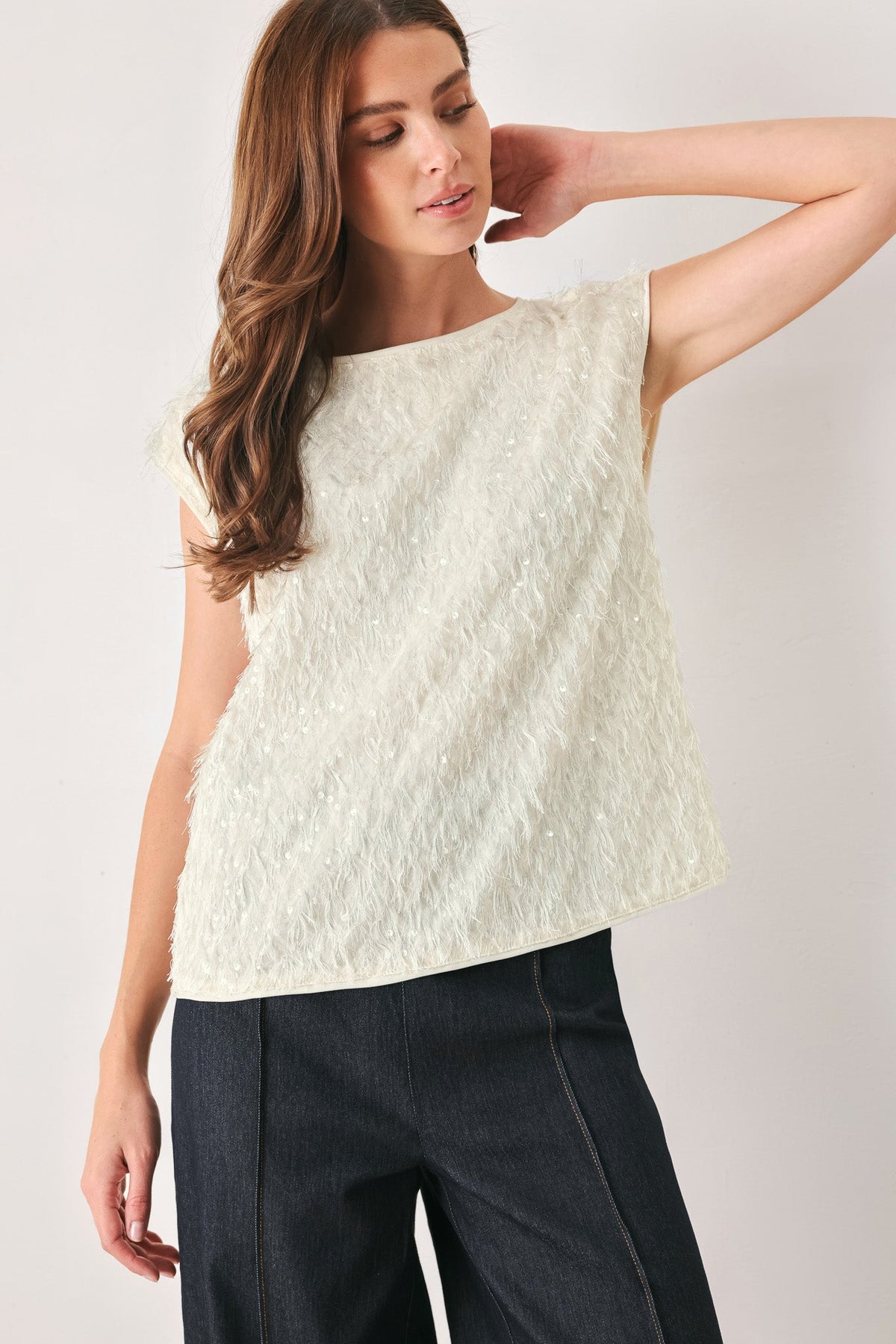 Flying Tomato Ivory Fringe Off White Sequin Sleeveless Top in BLACK view 4 - Ivory Tassel Top