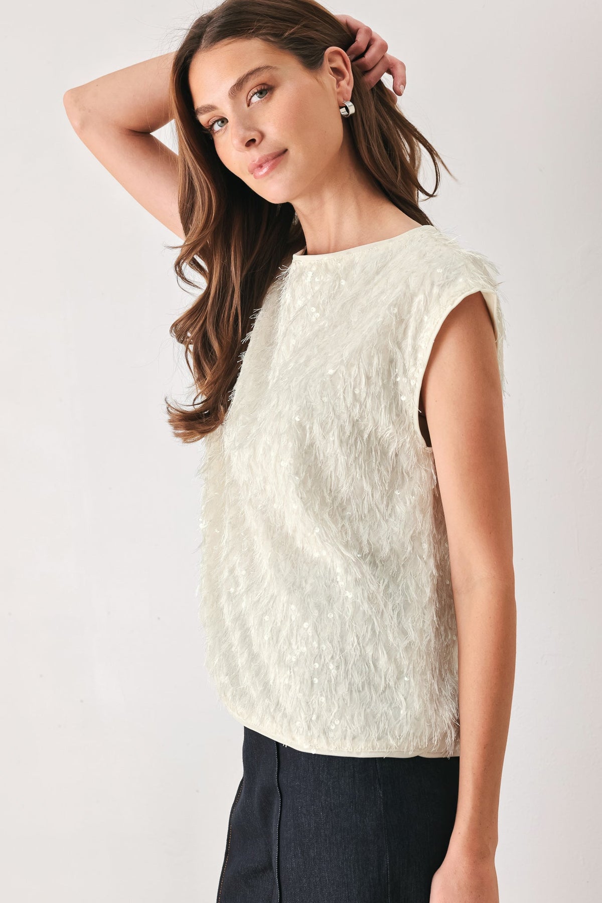 Flying Tomato Ivory Fringe Off White Sequin Sleeveless Top in BLACK view 5 - Ivory Tassel Top
