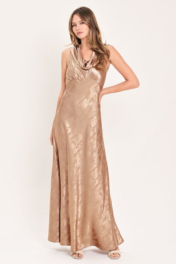 Flying Tomato Luminous Champagne Kiss Woven Maxi Dress in CAMEL