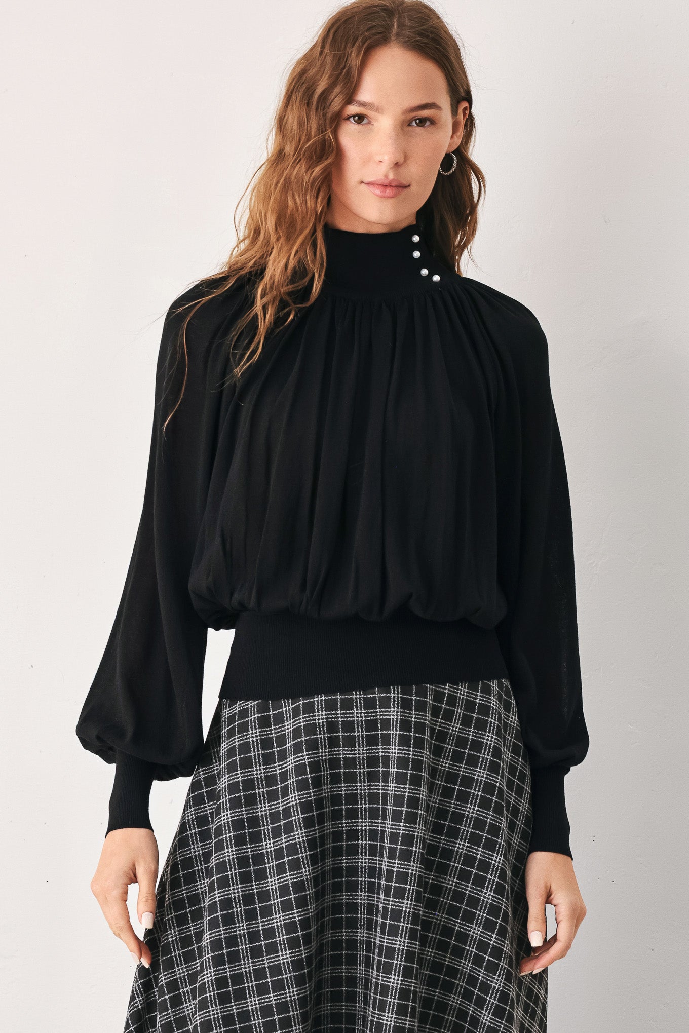 Flying Tomato Macadamia Draped Sweater Knit Top in BLACK view 3 - Fall Wardrobe Essential - Top Sweater