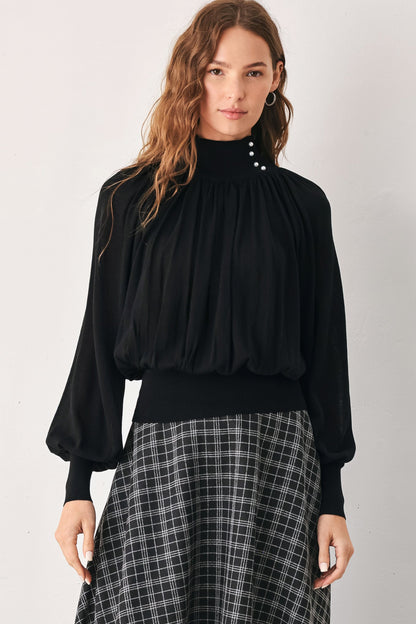 Flying Tomato Macadamia Draped Sweater Knit Top in BLACK view 3 - Fall Wardrobe Essential - Top Sweater