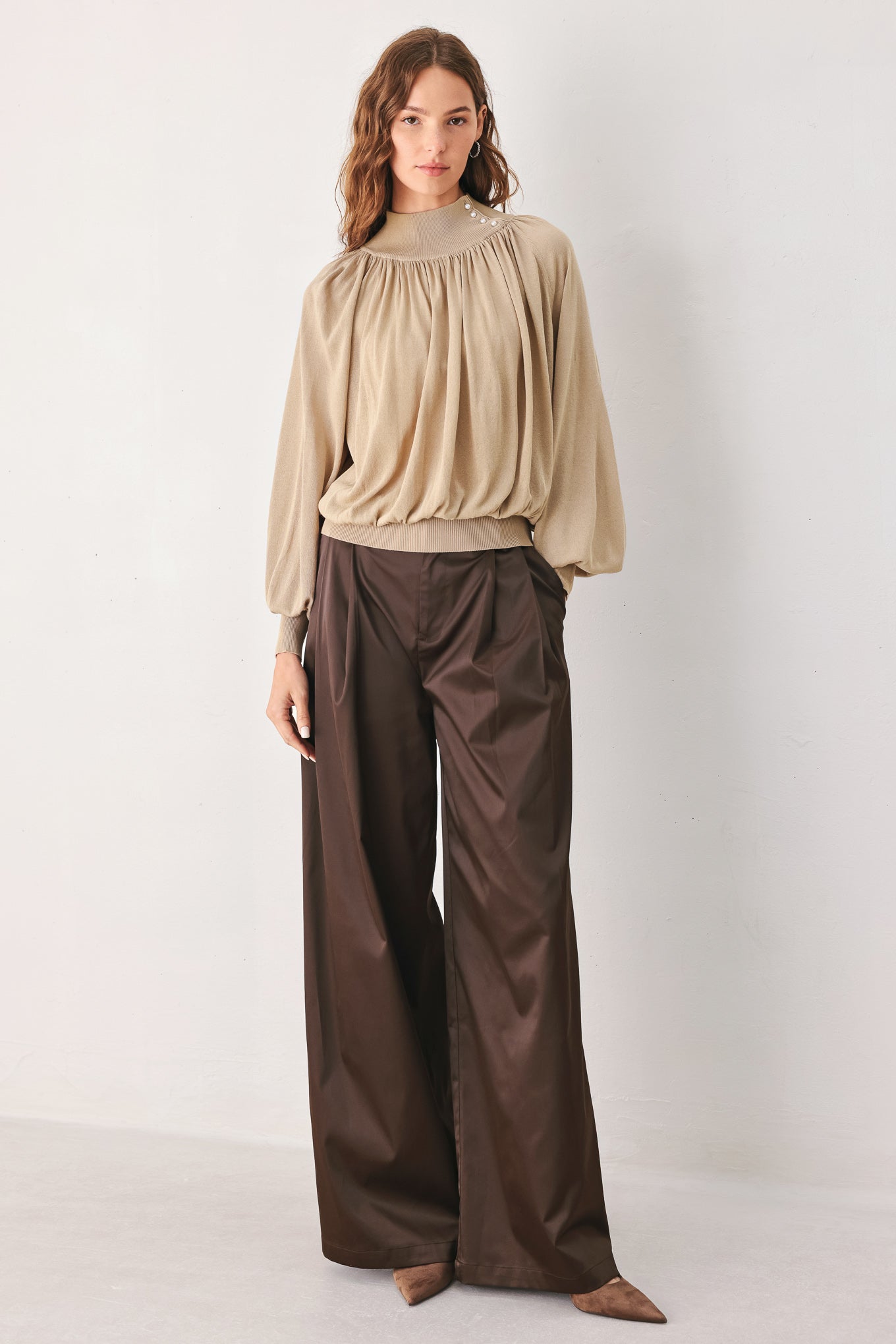 Flying Tomato Macadamia Draped Sweater Knit Top view 11 - Fall Wardrobe Essential - Top Sweater