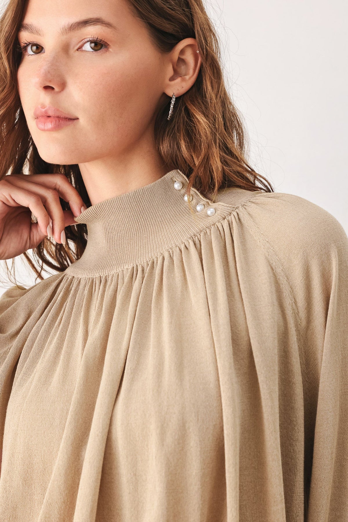 Flying Tomato Macadamia Draped Sweater Knit Top view 12 - Fall Wardrobe Essential - Top Sweater