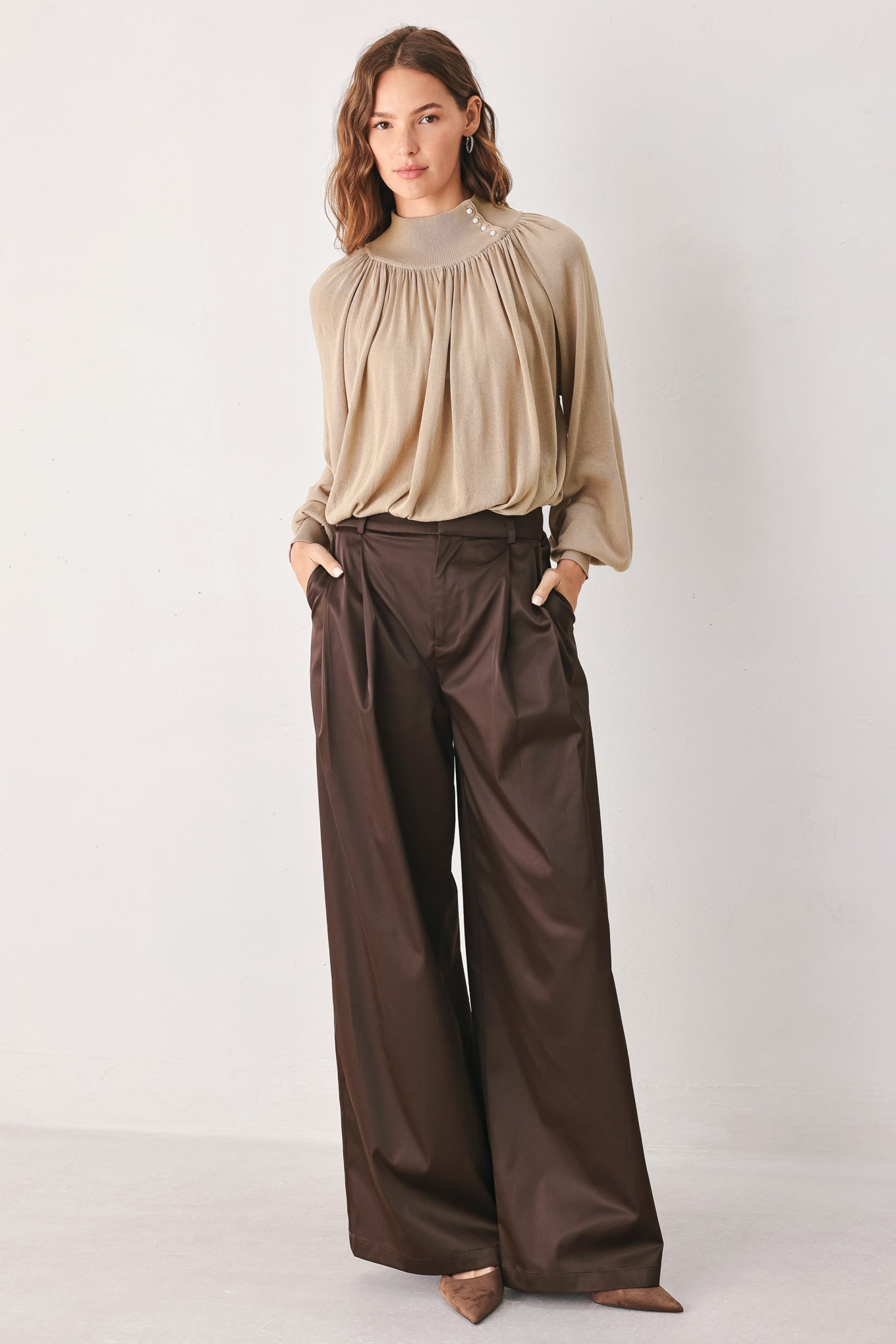 Flying Tomato Macadamia Draped Sweater Knit Top view 13 - Fall Wardrobe Essential - Top Sweater