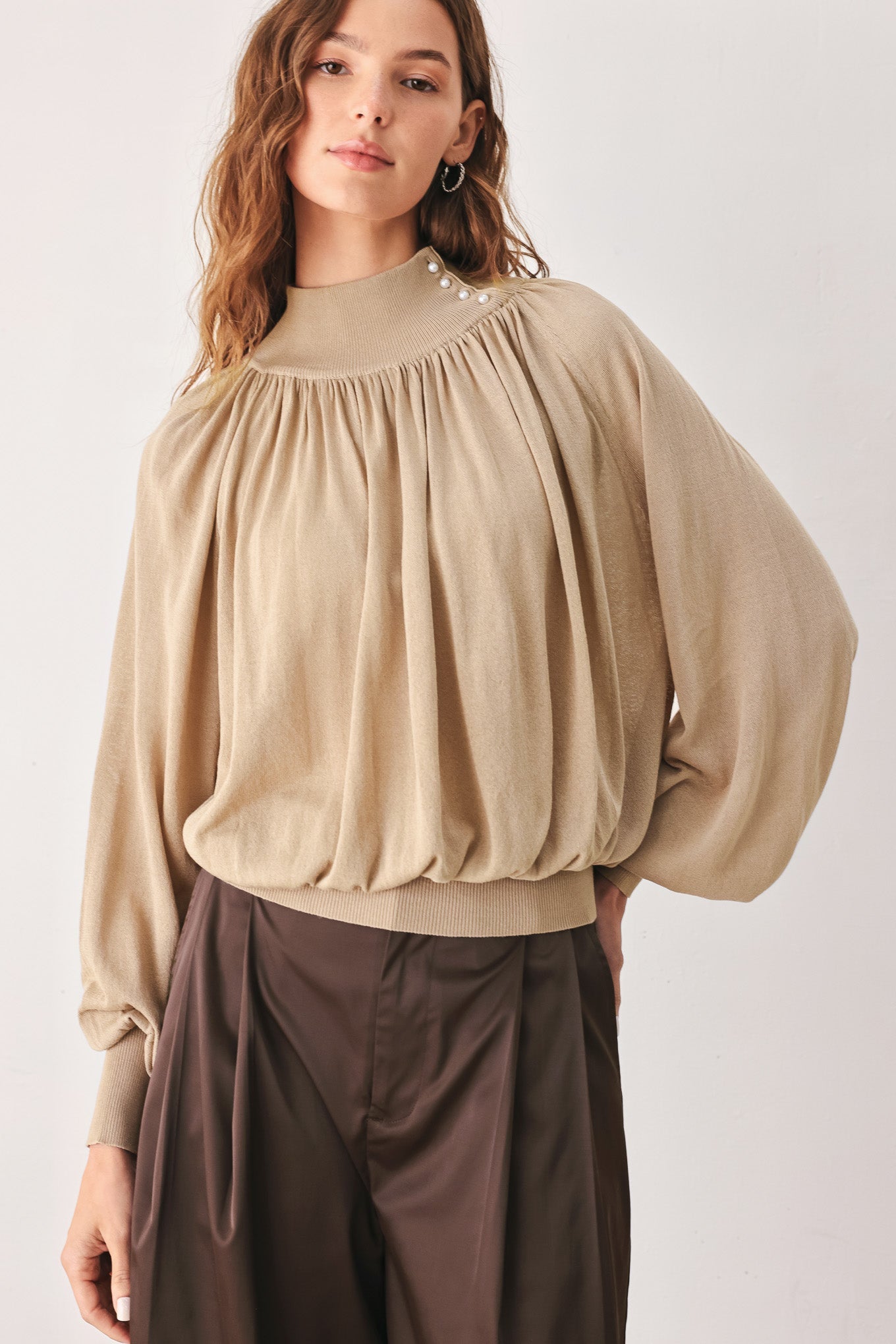 Flying Tomato Macadamia Draped Sweater Knit Top view 14 - Fall Wardrobe Essential - Top Sweater