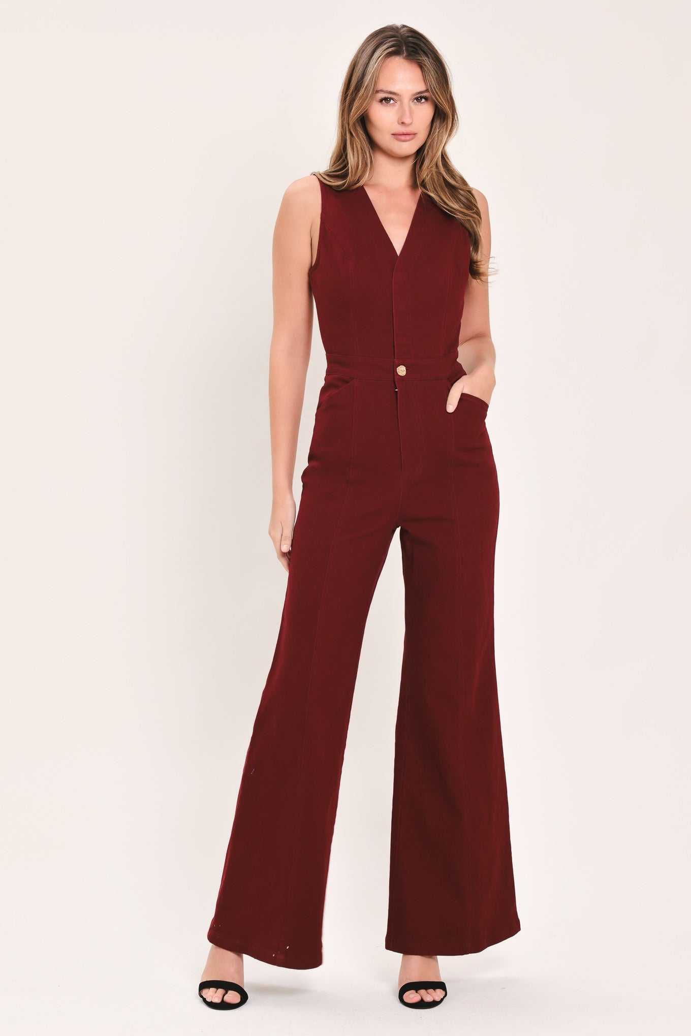 Flying Tomato Merlot City Muse Woven Twill Jumpsuit in BURGUNDY (one-piece)