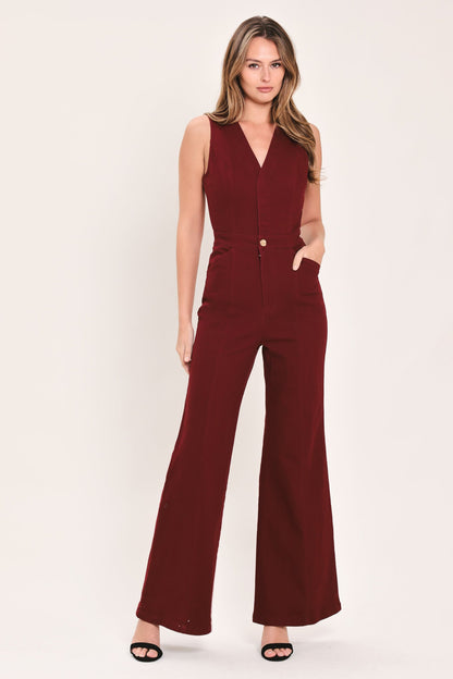 Flying Tomato Merlot City Muse Woven Twill Jumpsuit in BURGUNDY (one-piece)