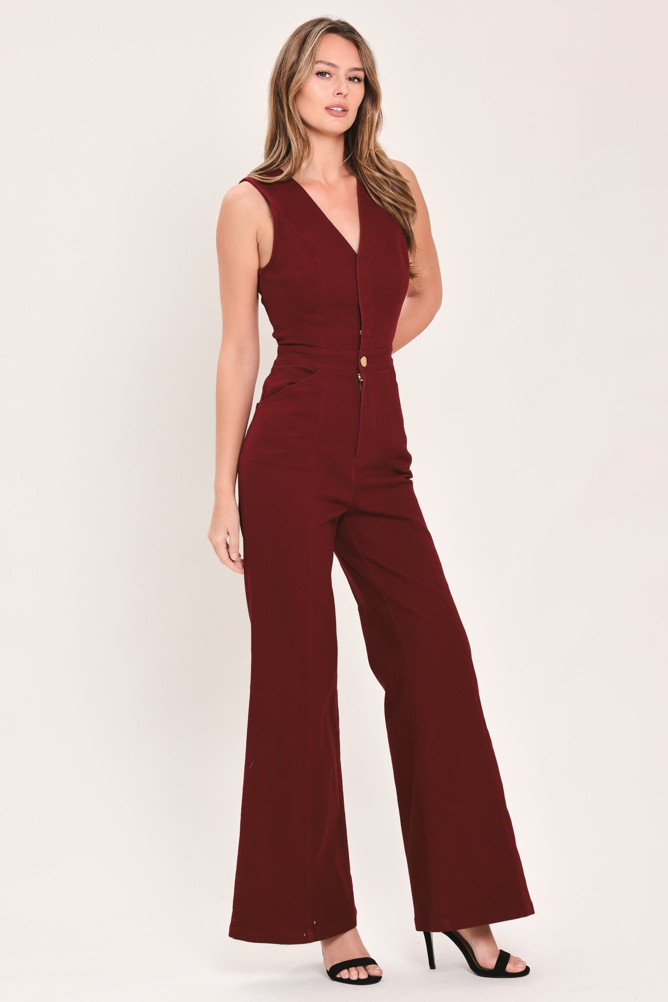 Flying Tomato Merlot City Muse Woven Twill Jumpsuit in BURGUNDY view 6 (one-piece)